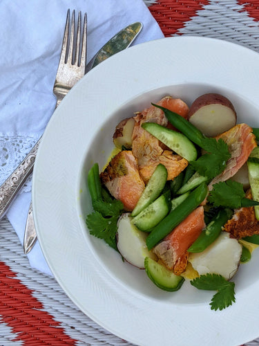 Wulf's Kitchen: Seared ChalkStream Trout With New Potatoes, Green Beans, and Spiced Yogurt