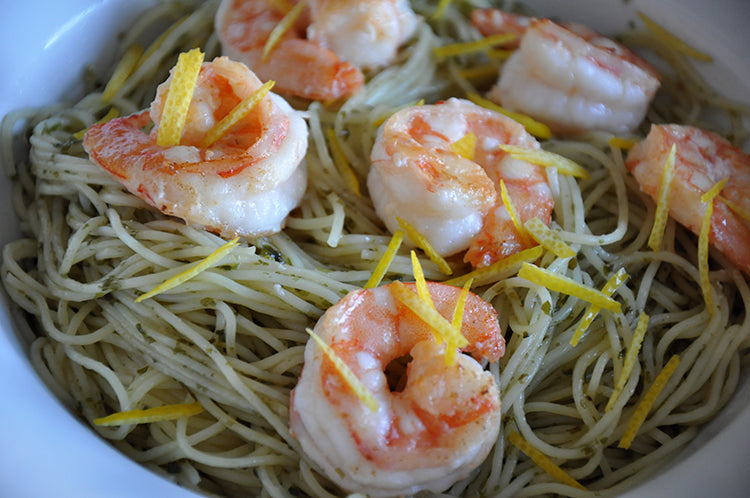 Kelp Pesto Pasta with Pan-Seared Shrimp