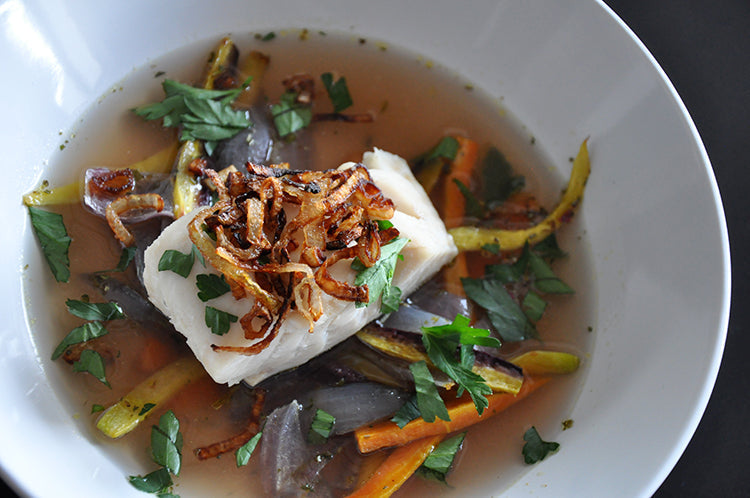 Wulf’s Kitchen: Broth-Poached White Fish with Herby Roasted Winter Vegetables and Crispy Shallots