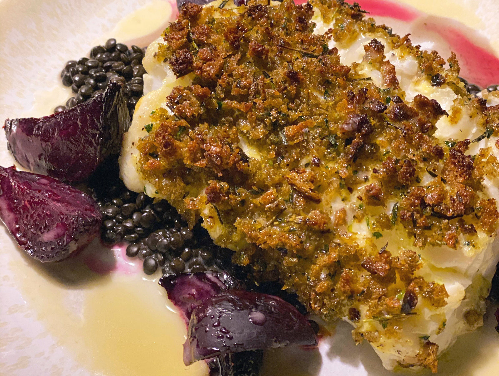 Chefs at Home: Baked Cod with Herbed Breadcrumbs, Roasted Beets and Black Lentils