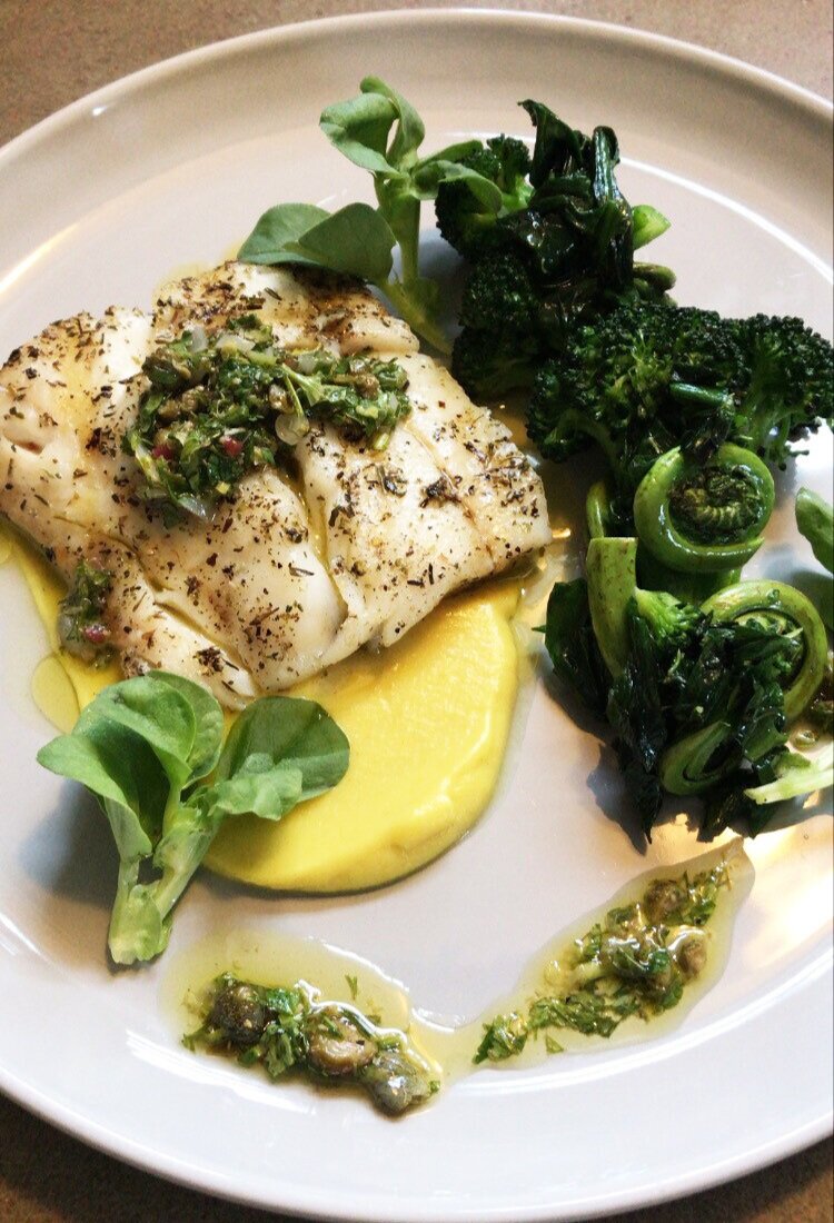 Chefs at Home: Grilled Haddock with Curry Parsnip Puree, Broccoli and Salsa Verde