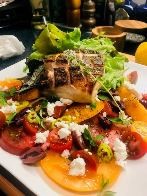 Chefs at Home: Pan-Roasted Striped Bass with Greek Summer Tomato Salad
