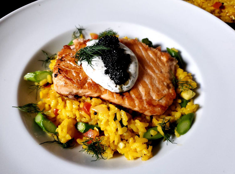 Chefs at Home: Sous Vide Nordic Blu Salmon with Spring Vegetable Risotto and Caviar