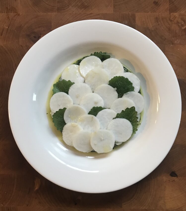 Chefs at Home: Cured Scallop with Garlic Mustard, Turnip and Toasted Sesame