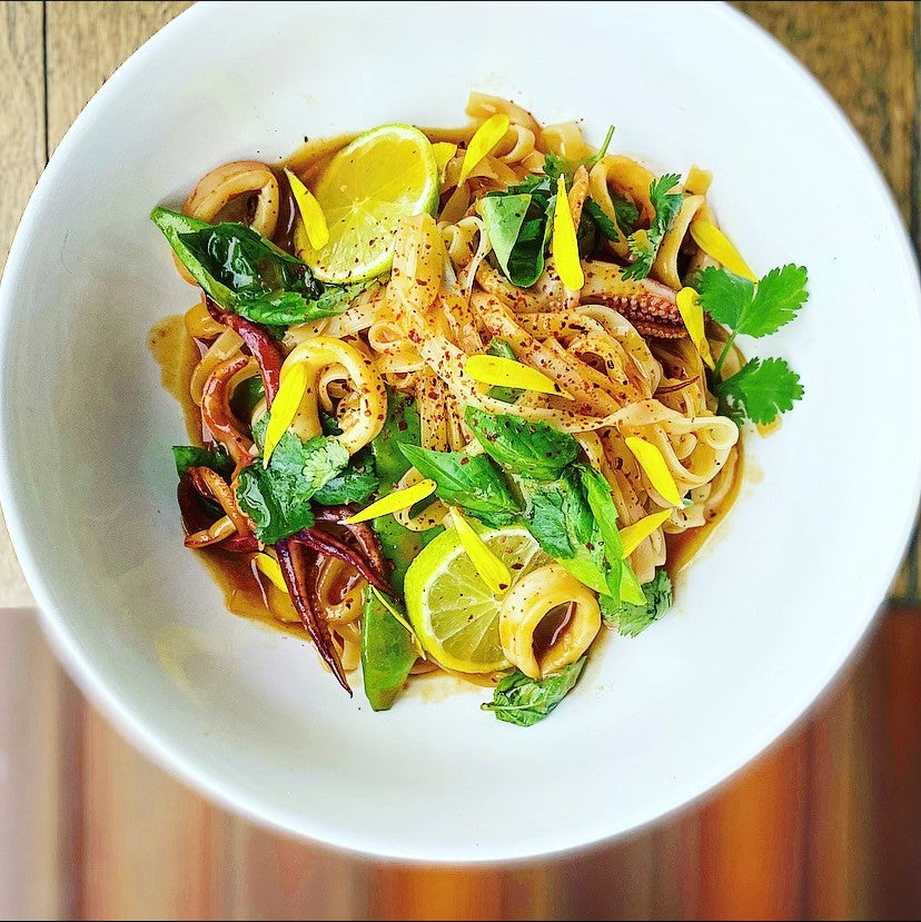 Chefs at Home: Tangerine-Lime Squid with Rice Noodles