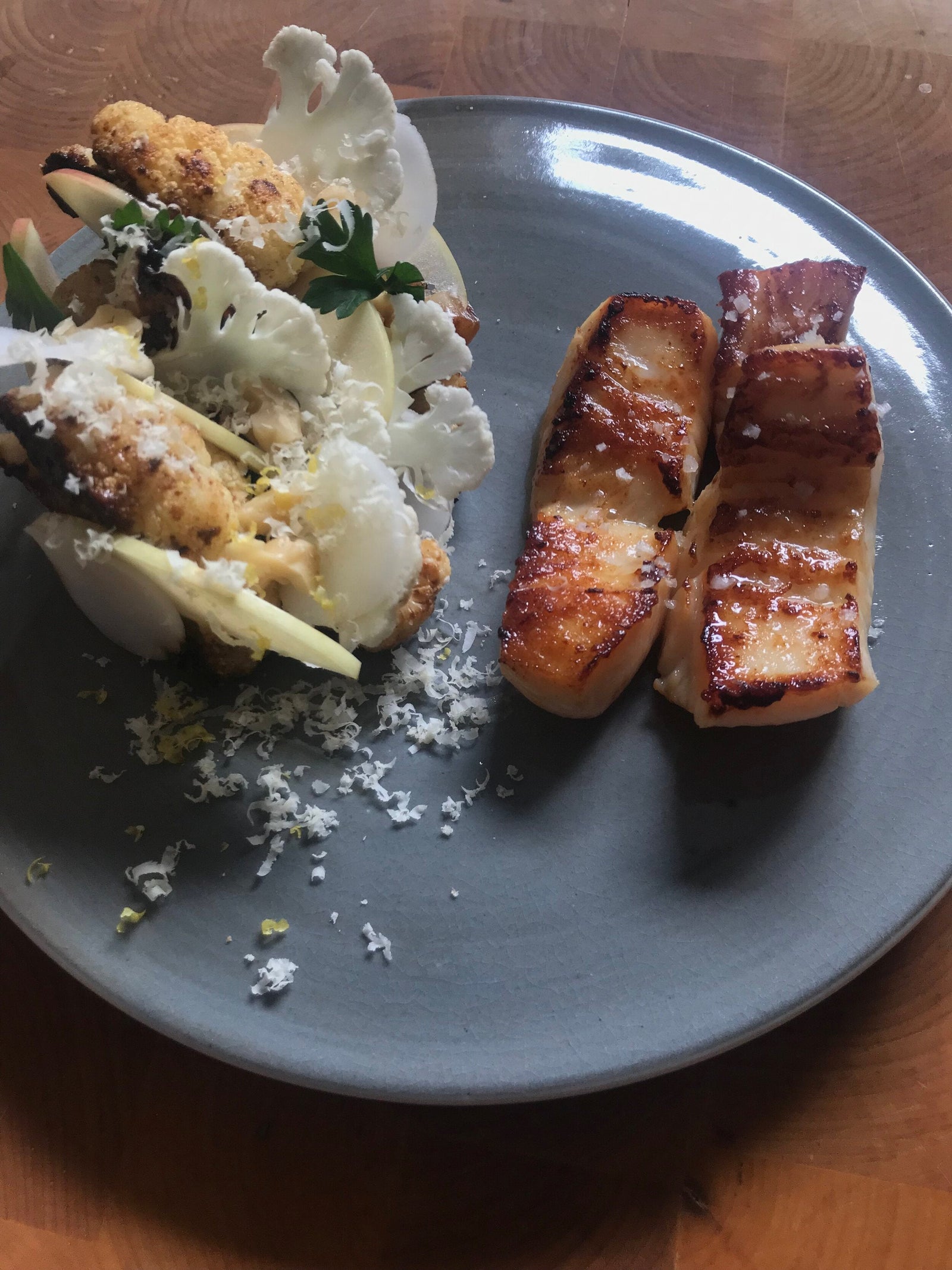 Chefs at Home: Seared Scallops with Miso-Roasted Cauliflower & Warm Walnut Brown Butter Vinaigrette