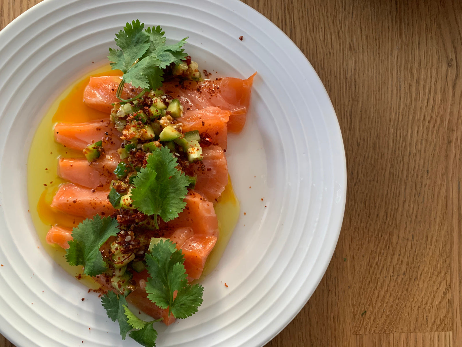 Chefs at Home: Nordic Blu Salmon Crudo with Chili Japones & Cucumber Salsa