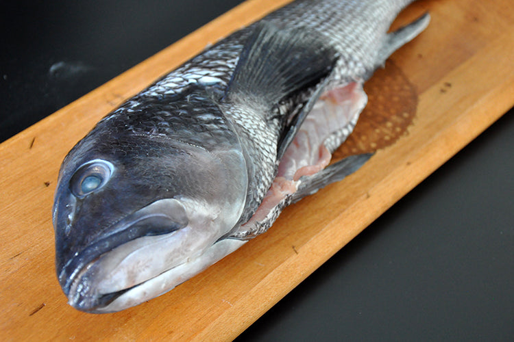 whole black sea bass on a wooden board
